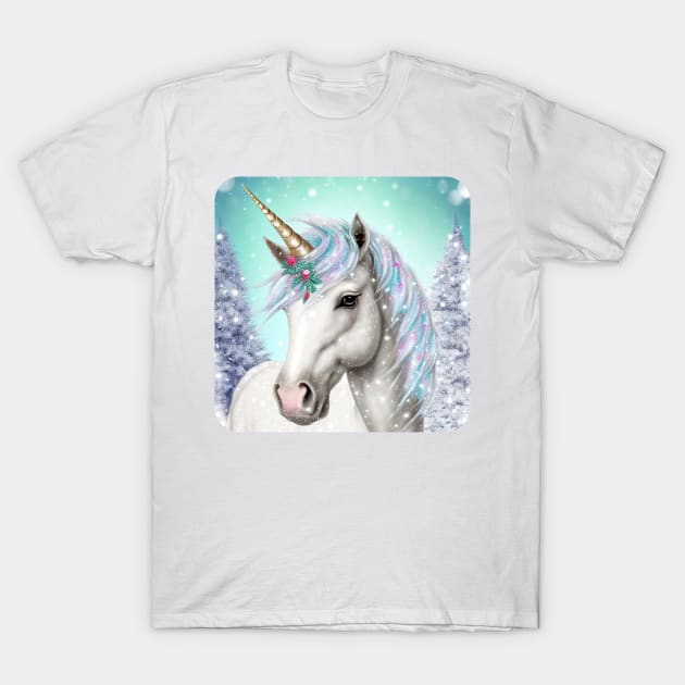 Majestic Snow Unicorn Pastel Winter T-Shirt by MythicPrompts